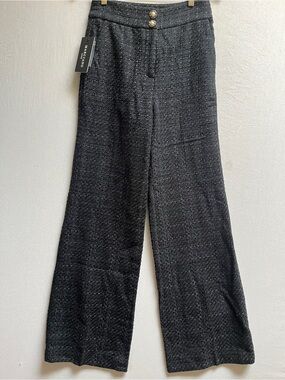 NWT Marciano Black Tweed Wide Leg Trousers Gold Buttons Sz 6